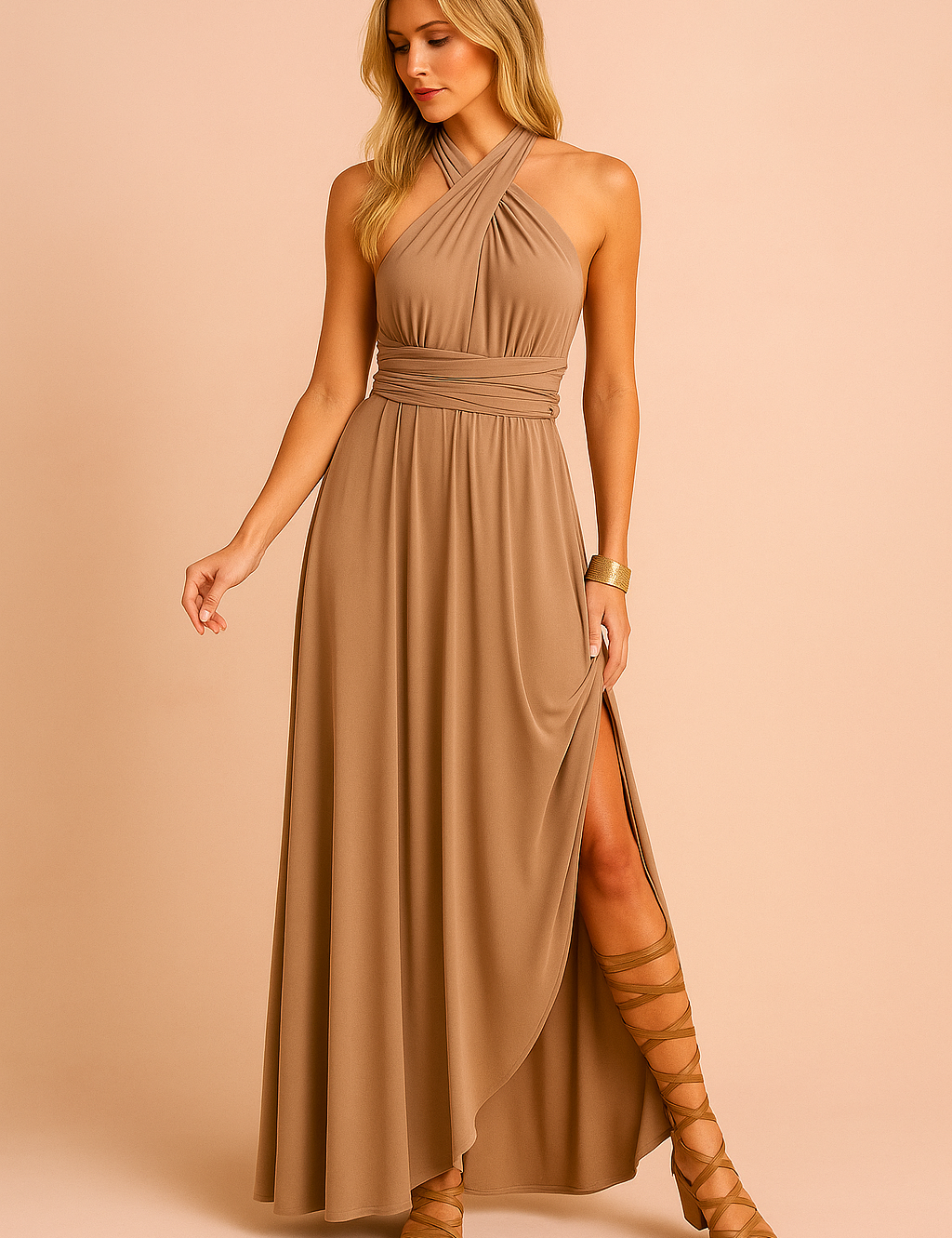 Sukienka maxi w kolorze khaki z dekoltem typu halter, marszczonym gorsetem, wiązaniem w talii i zwiewną spódnicą do ziemi z miękkiego materiału.