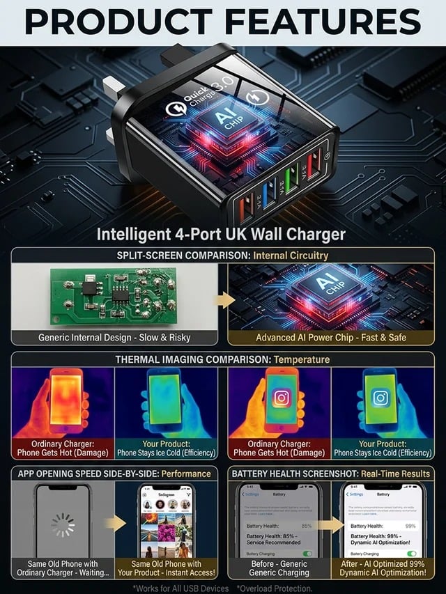 Reiseladegerät mit vier Anschlüssen | Je 3,1 A pro USB-Port | Kompaktes Mehrfach-Ladegerät | PowerPort 5