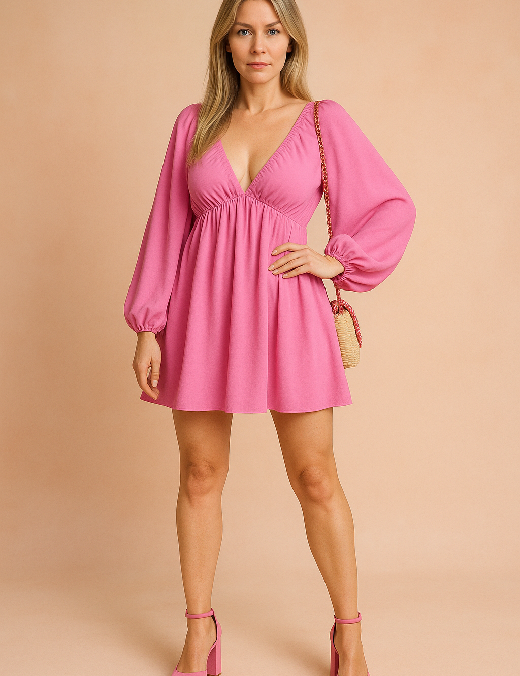 A pink mini dress with bishop sleeves, posing against a soft sand and pastel pink background in a fashion shoot style.