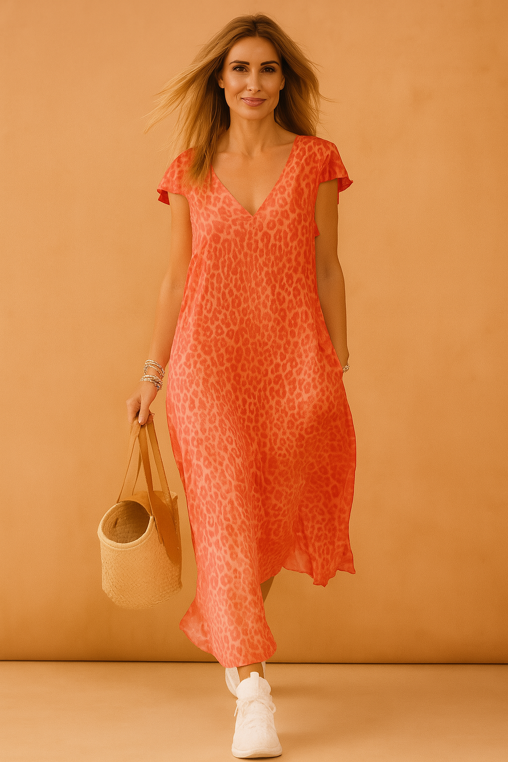 A woman wearing the Vanessa long-short summer dress in red with a V-neckline and leopard print, styled casually with sneakers and a straw bag, walking confidently against a soft peach backdrop.