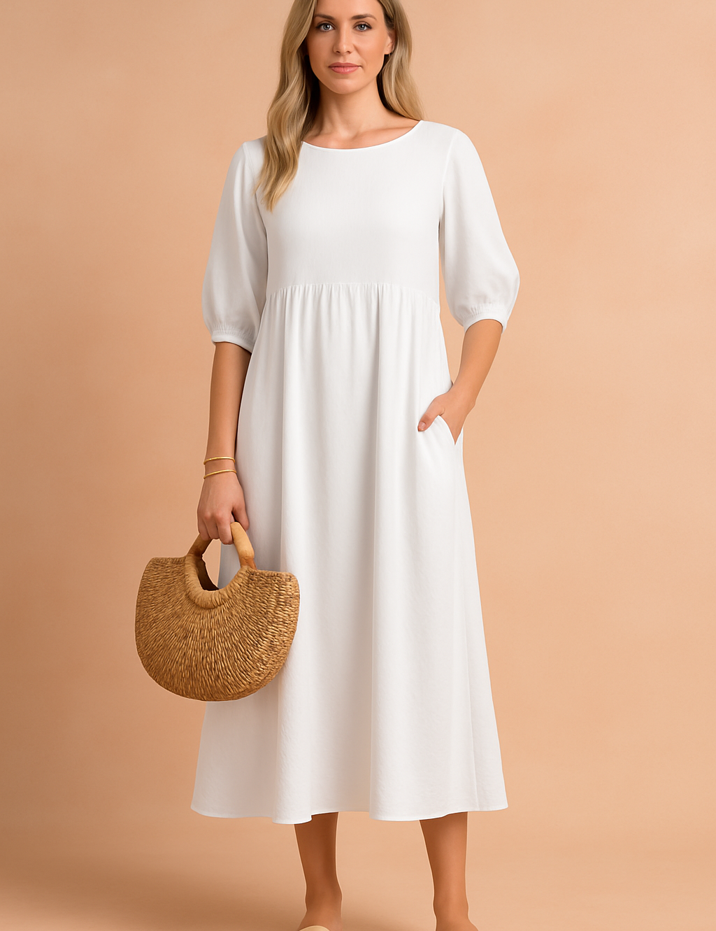 midi dress featuring three-quarter puff sleeves, a high gathered waistline, and a relaxed A-line silhouette
