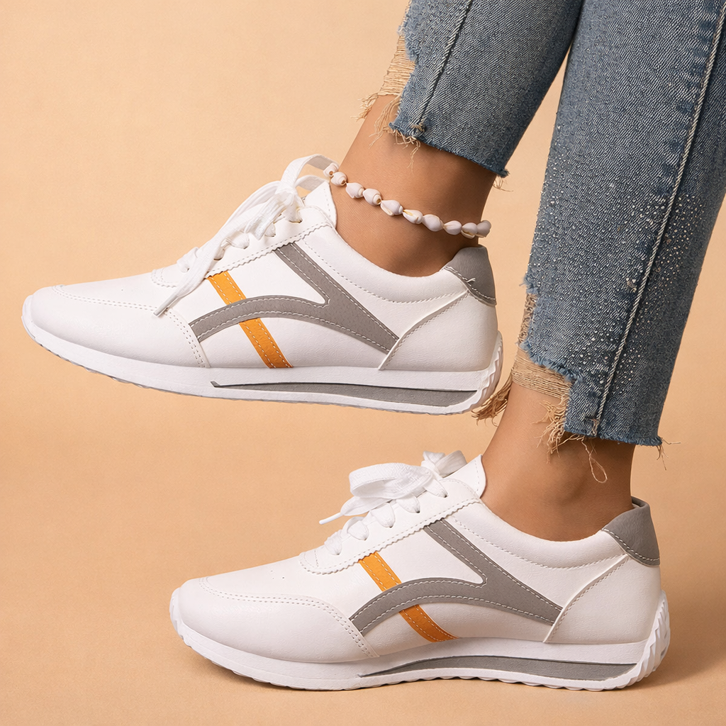 Białe, amortyzowane trampki w paski dla kobiet – stylowy i wygodny design