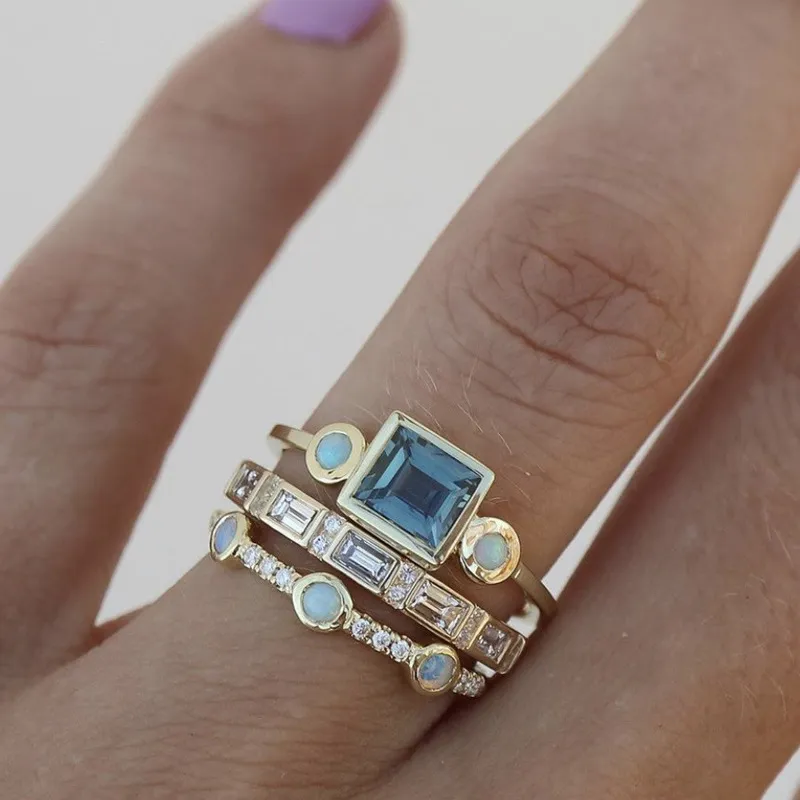 Zestaw Pierścionków z Niebieskim Kryształem w Stylu Vintage – Elegancka Biżuteria dla Każdej Stylizacji 1