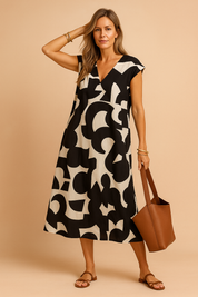 Elegant woman wearing a black and beige abstract print summer dress with V-neckline.