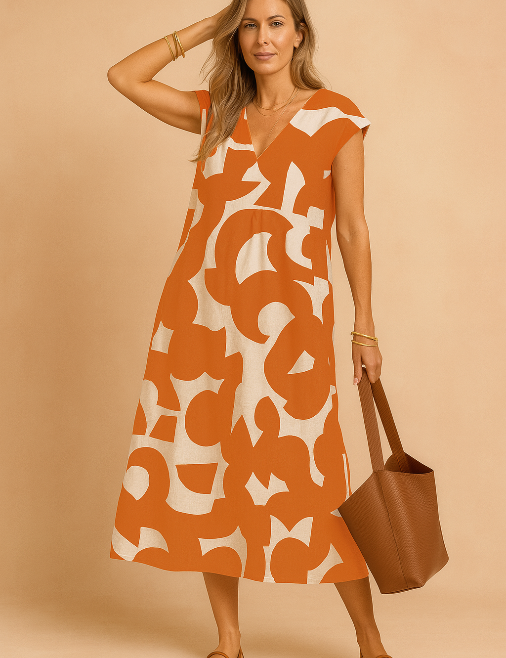 Elegant woman wearing a orange and white abstract print summer dress with V-neckline.
