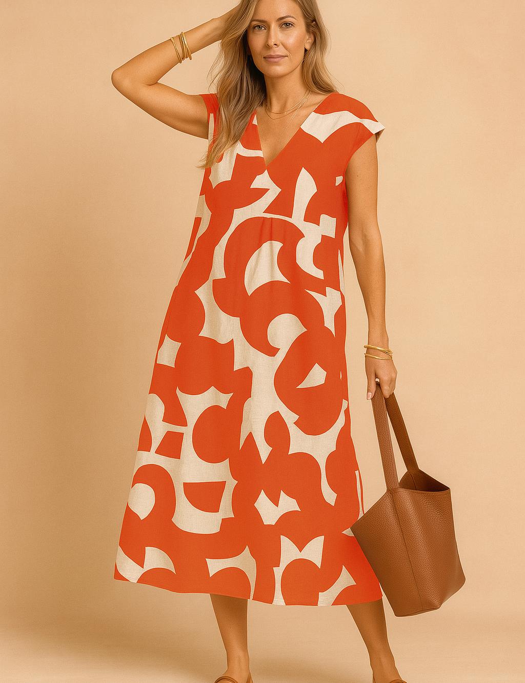 Elegant woman wearing a red and beige abstract print summer dress with V-neckline.