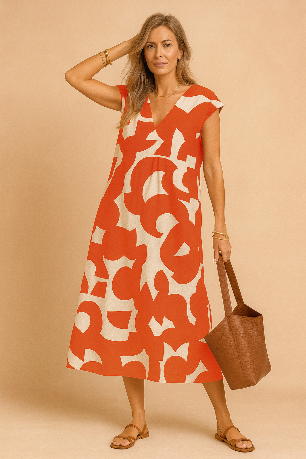 Elegant woman wearing a red and beige abstract print summer dress with V-neckline.