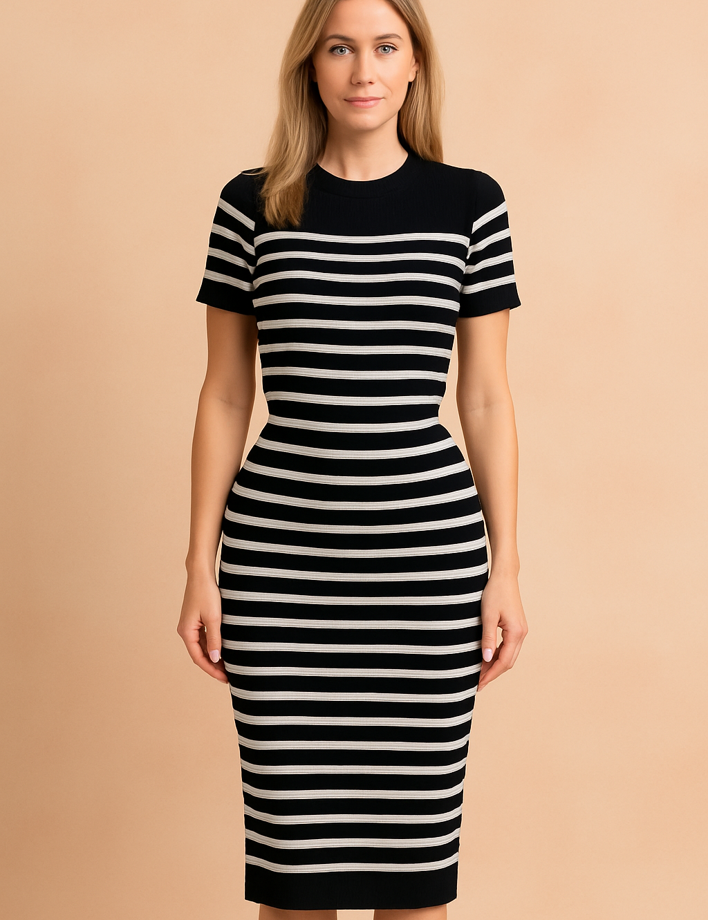 A European woman with long ash blond hair modeling a black and white striped summer dress against a warm sand and pastel pink background.