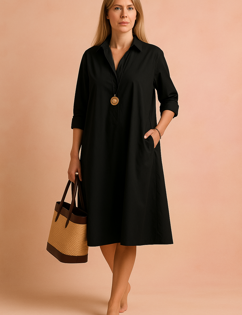 Elegancka, dojrzała kobieta w czarnej, minimalistycznej sukience koszulowej o luźnym kroju z kieszeniami, wystylizowana na swobodną elegancję w miejskim otoczeniu.