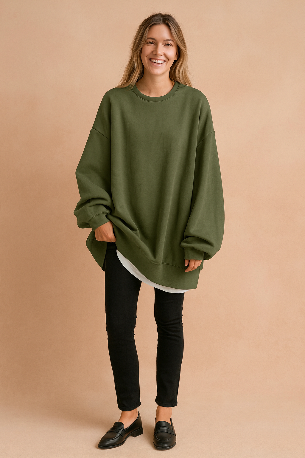 Oversized streetwear sweater with a loose fit, smooth texture, and soft finish, perfect for everyday outfits.