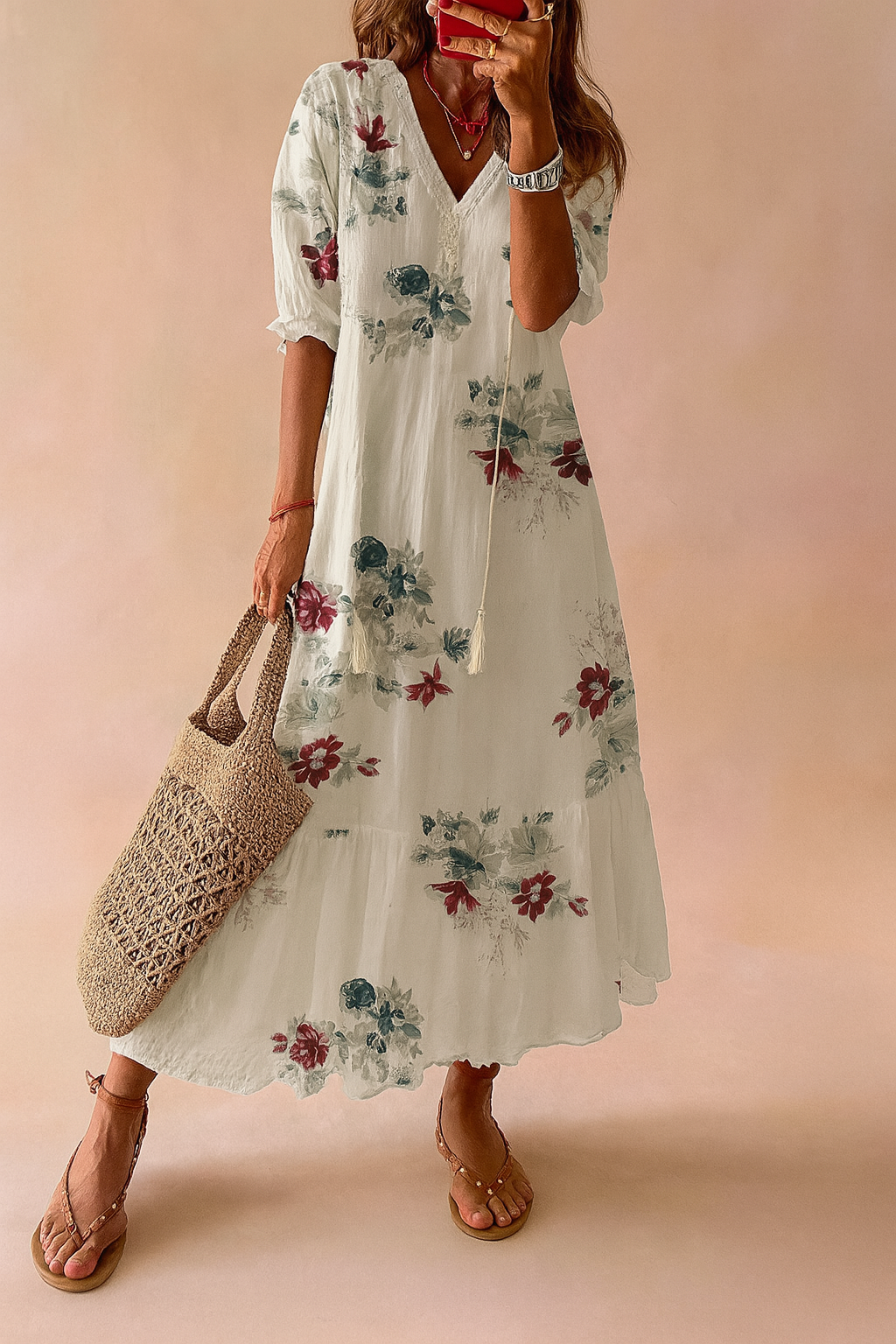 Biała sukienka maxi ANA w delikatny kwiatowy wzór – elegancka i kobieca na lato.