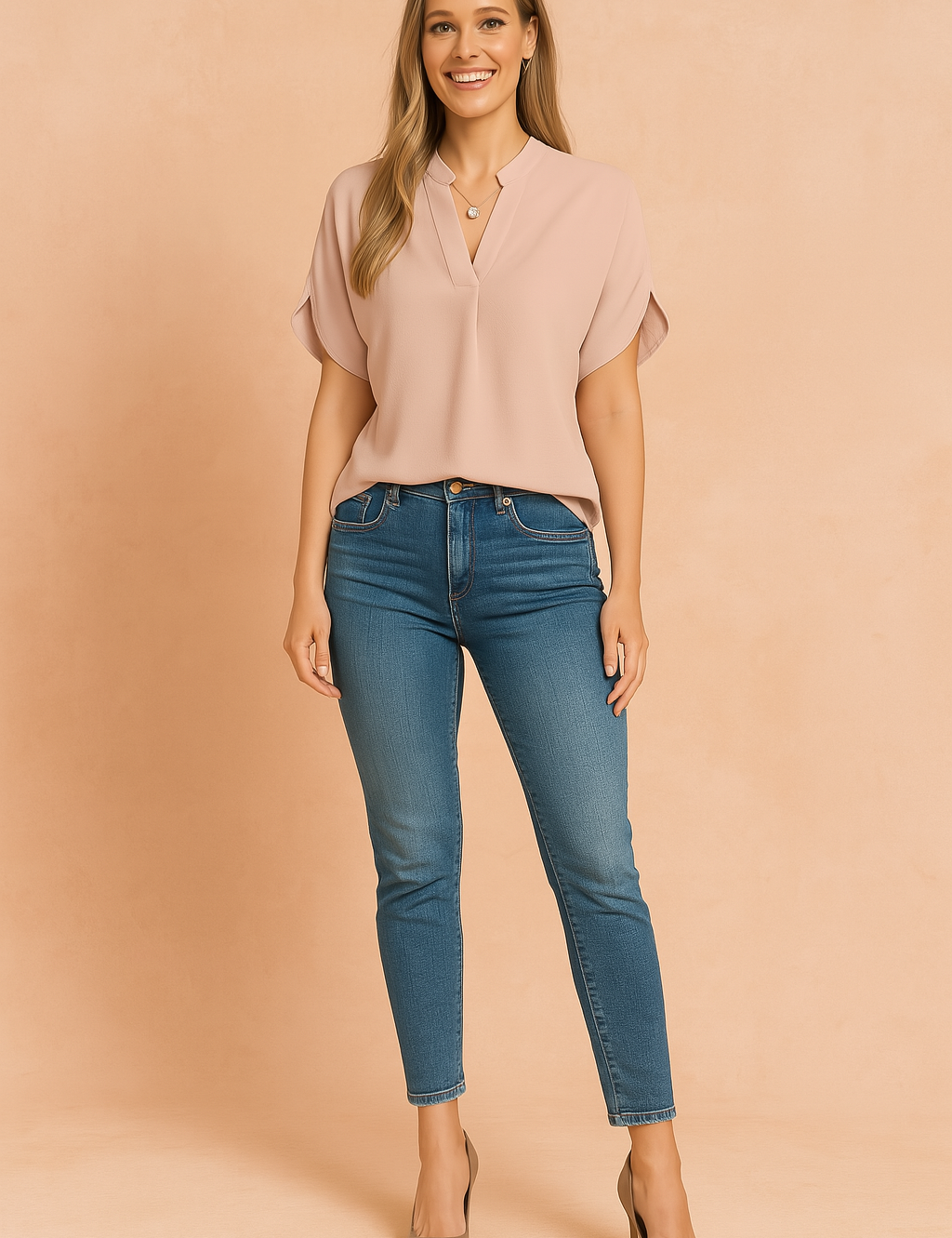 Women's casual outfit featuring a short-sleeve emerald green V-neck blouse paired with high-rise blue skinny jeans.