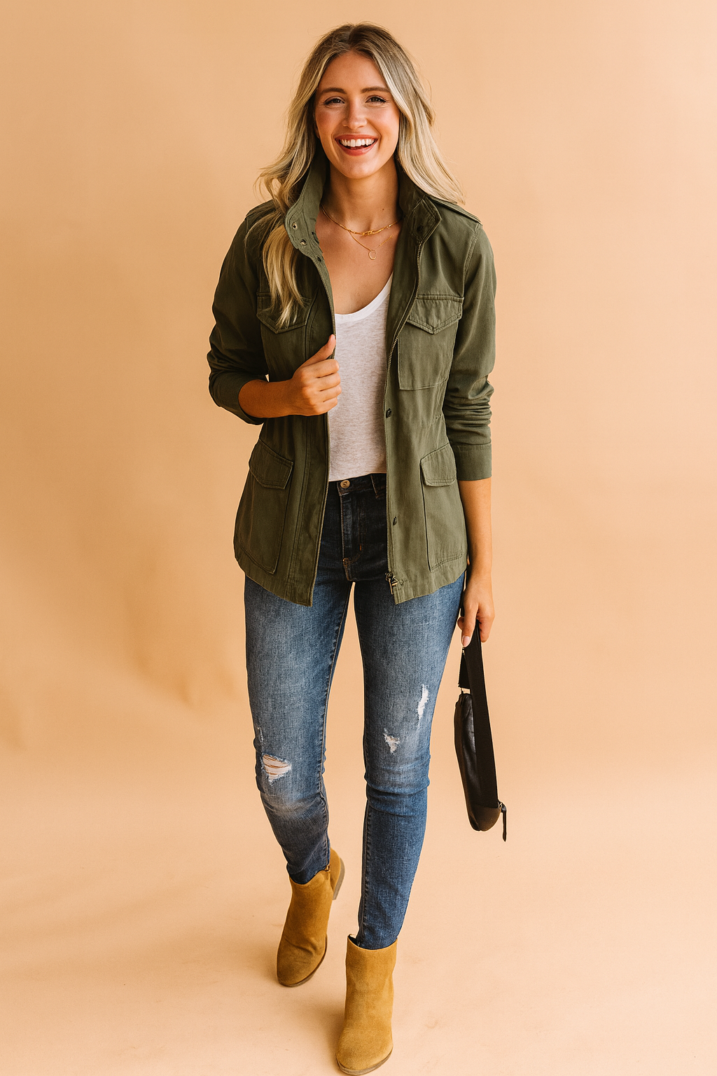 Army green casual military-style jacket with front zip closure, buttoned lapel details, chest and side flap pockets, and long sleeves, styled for everyday wear.