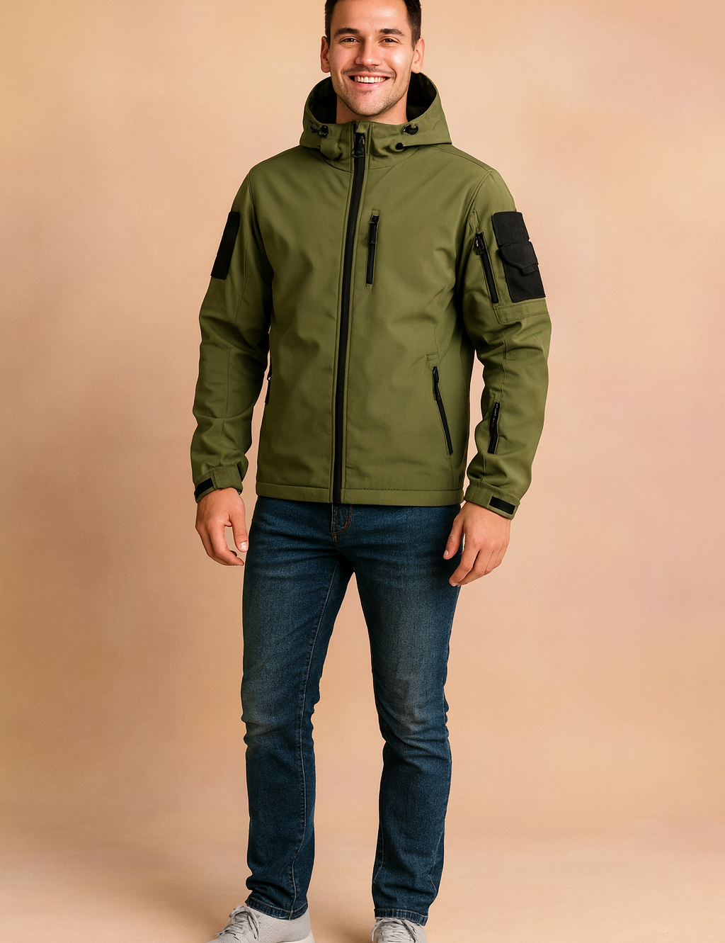 Army green tactical softshell jacket with black chest pockets, multiple zippered sleeves, and hood, styled with slim-fit black pants and boots.