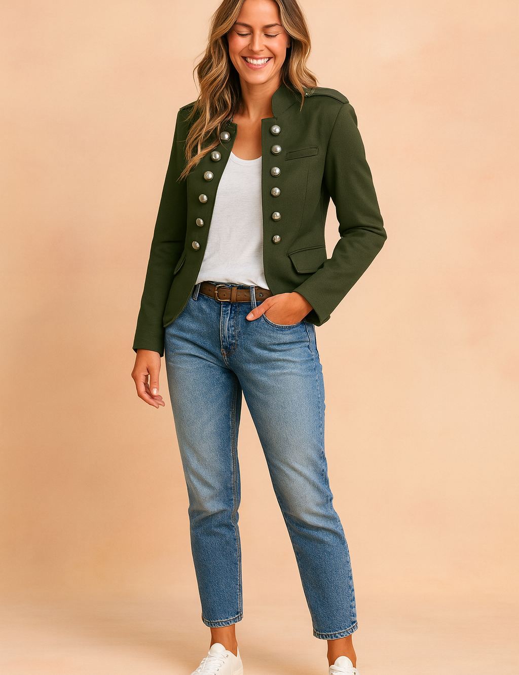 Women’s short military-style jacket with double-breasted metallic button detailing, structured shoulders, flap pockets, and slim tailored fit for chic everyday wear.