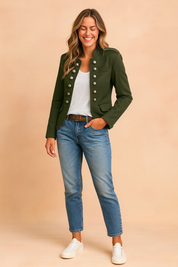 Women’s short military-style jacket with double-breasted metallic button detailing, structured shoulders, flap pockets, and slim tailored fit for chic everyday wear.