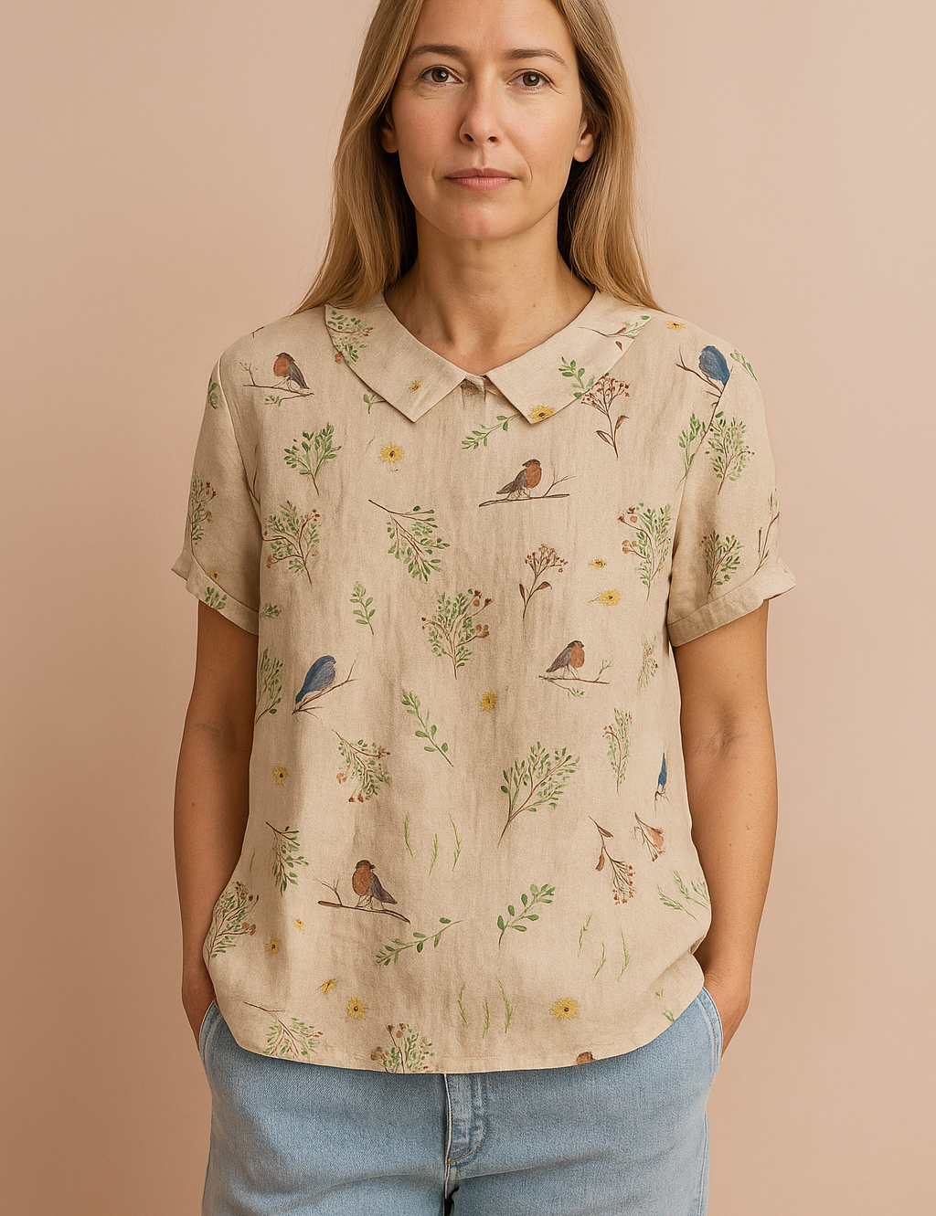 Beige linen short-sleeve blouse with hand-drawn bird and botanical print, featuring a classic Peter Pan collar and relaxed fit — ideal for nature-inspired casual fashion and eco-conscious wardrobes.