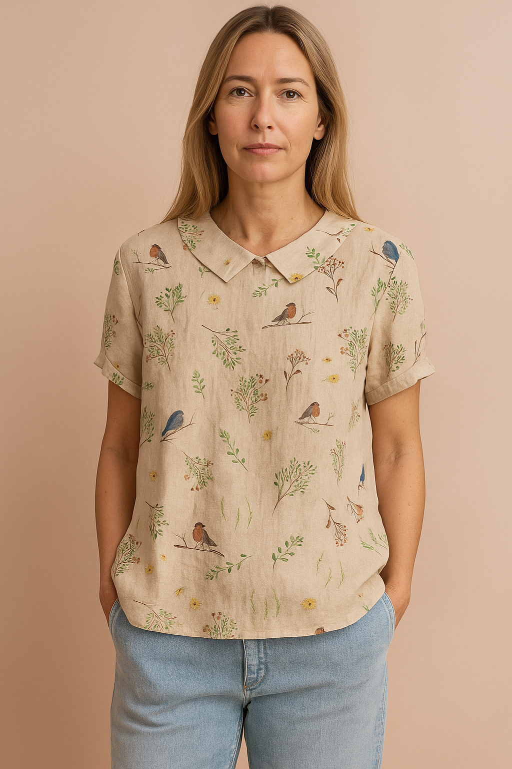 Beige linen short-sleeve blouse with hand-drawn bird and botanical print, featuring a classic Peter Pan collar and relaxed fit — ideal for nature-inspired casual fashion and eco-conscious wardrobes.