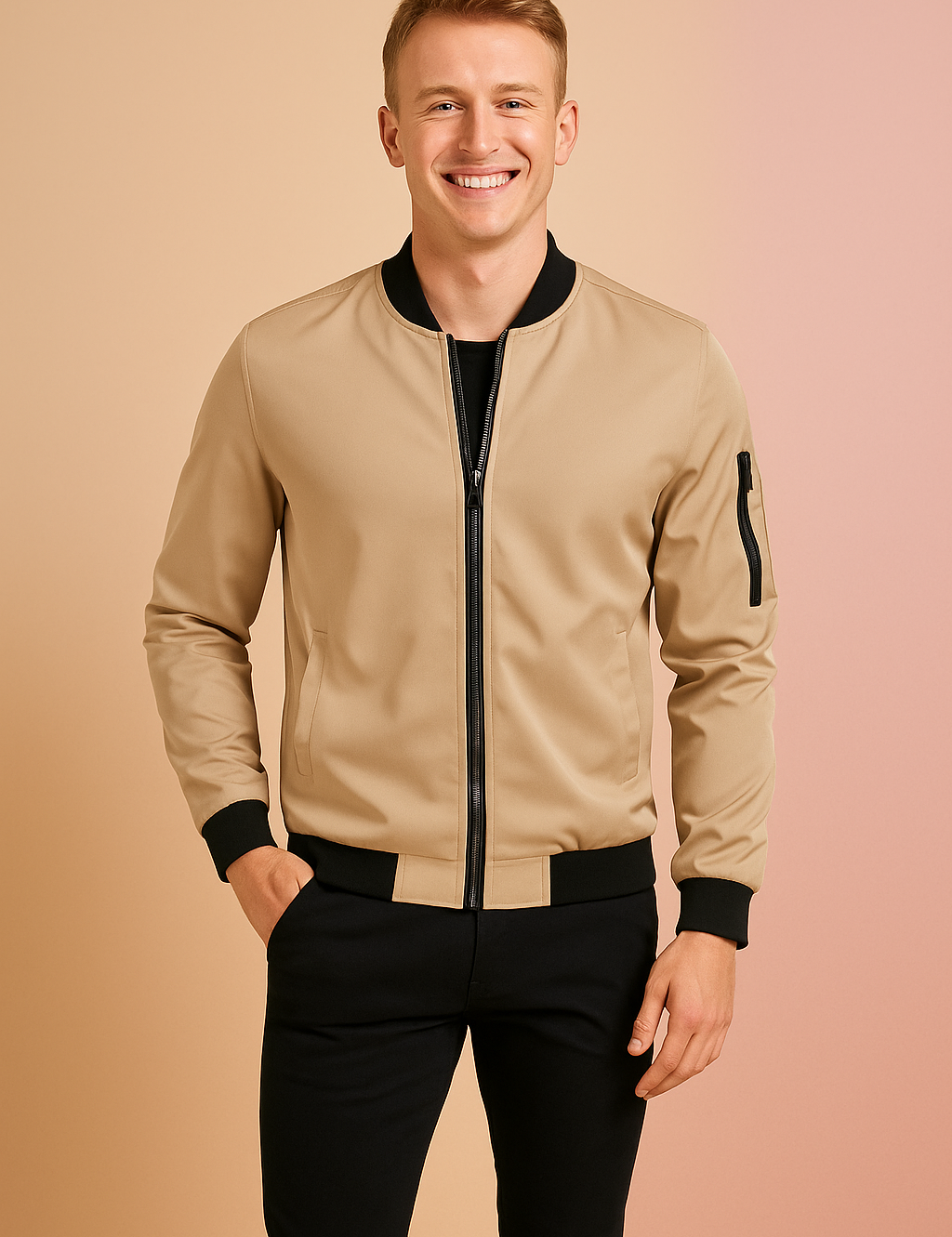 Beige bomber jacket with black ribbed cuffs, collar, and hem, featuring a front zipper closure and sleeve pocket detail, paired with slim-fit black trousers.