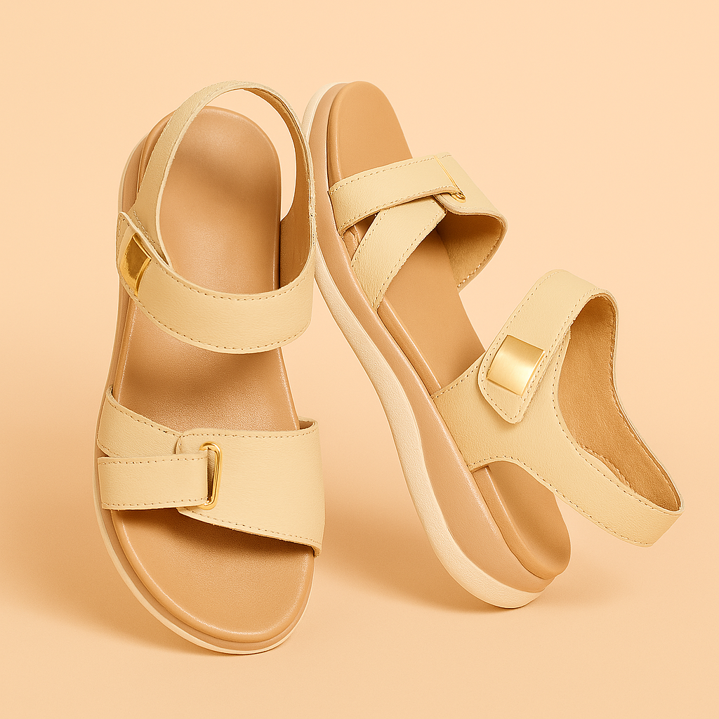 Beige double-strap sandals with gold-toned buckles and cushioned tan insoles, featuring a slightly raised white sole and a smooth synthetic leather finish