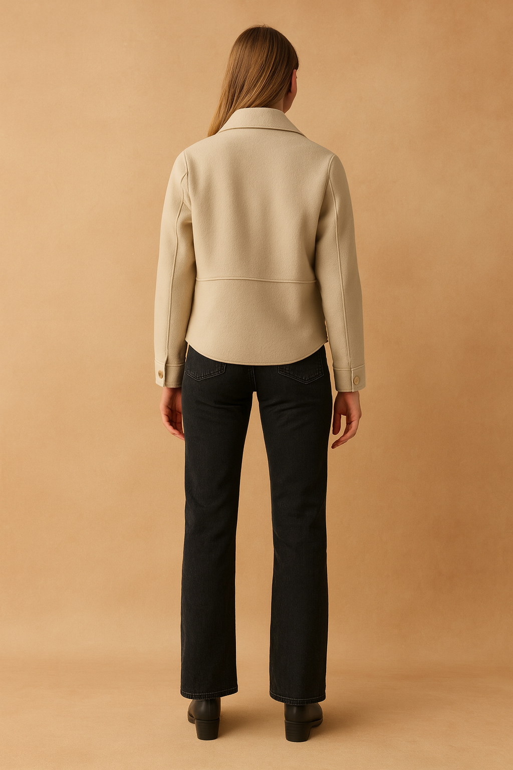 Beige button-down jacket with structured back seam, long sleeves, and double-buttoned cuffs, styled for a modern winter look.