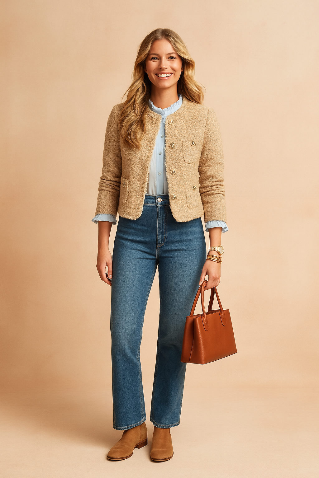 Beige textured button-down sweater jacket with long sleeves, gold buttons, and front pockets, styled with light blue blouse, denim jeans, and tan ankle boots