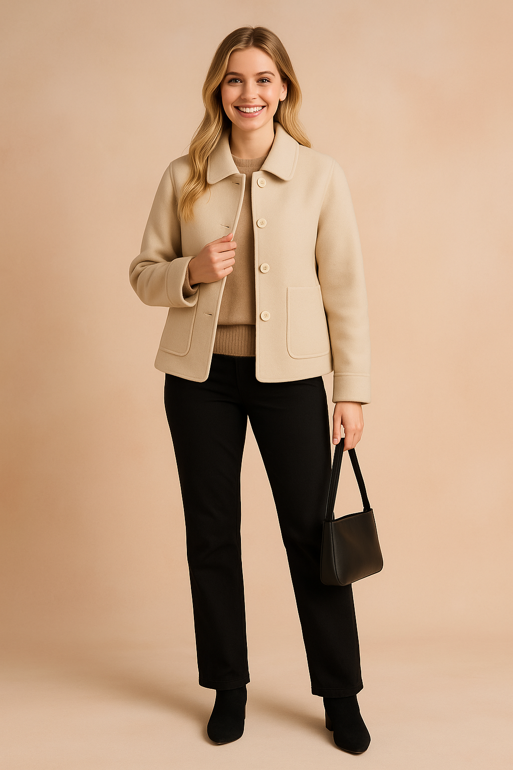 Elegant beige button-up jacket with front patch pockets and straight-cut design, styled with ribbed cuffs and neutral-toned layering for a refined minimalist look.