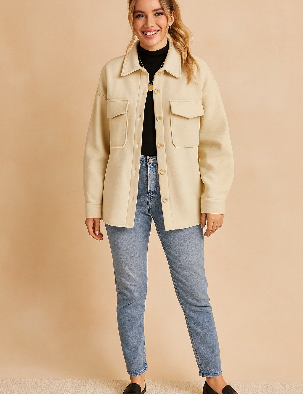 Beige button-up jacket with flap chest pockets, structured collar, and relaxed fit styled over a black top, paired with light blue jeans and black loafers.
