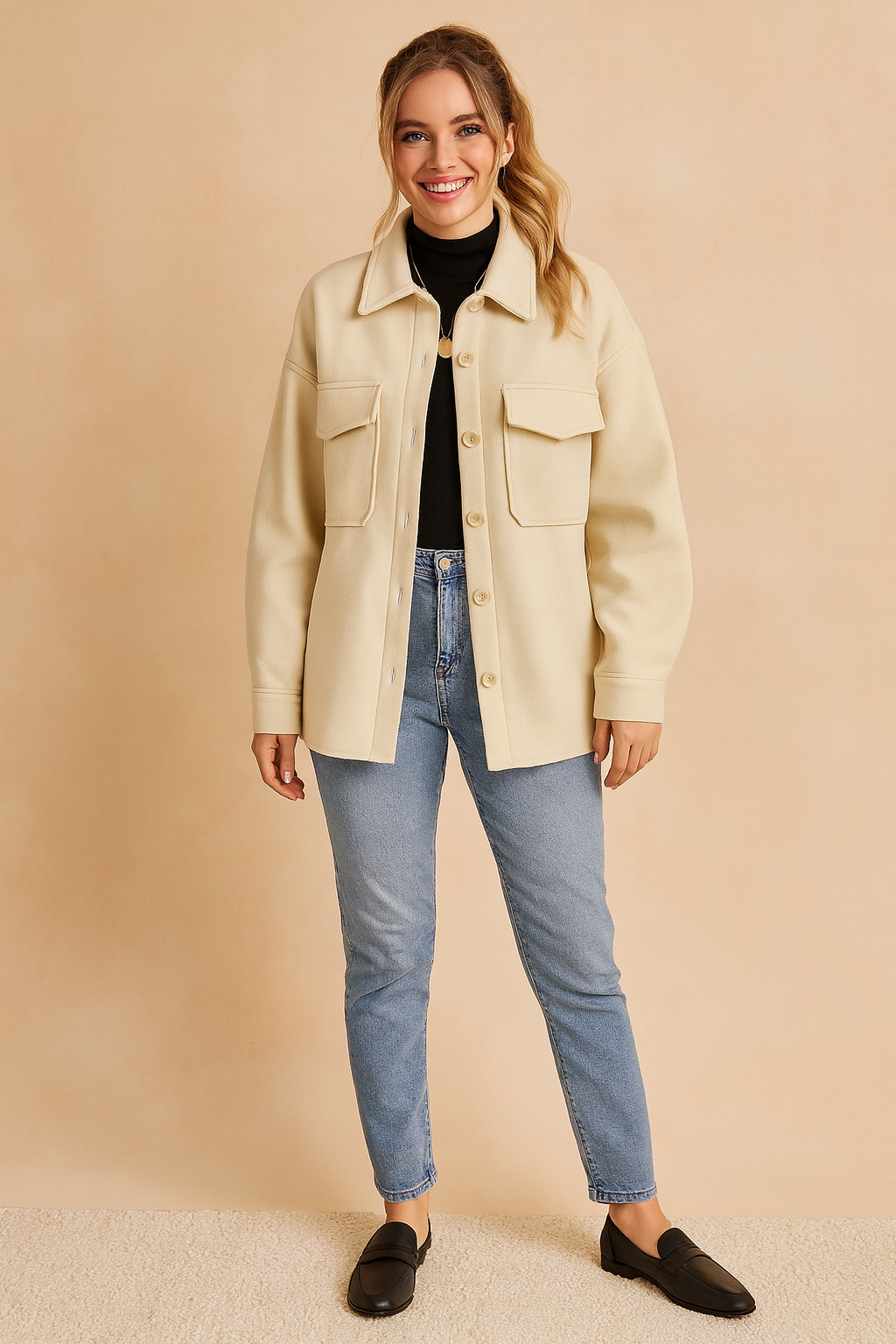Beige button-up jacket with flap chest pockets, structured collar, and relaxed fit styled over a black top, paired with light blue jeans and black loafers.