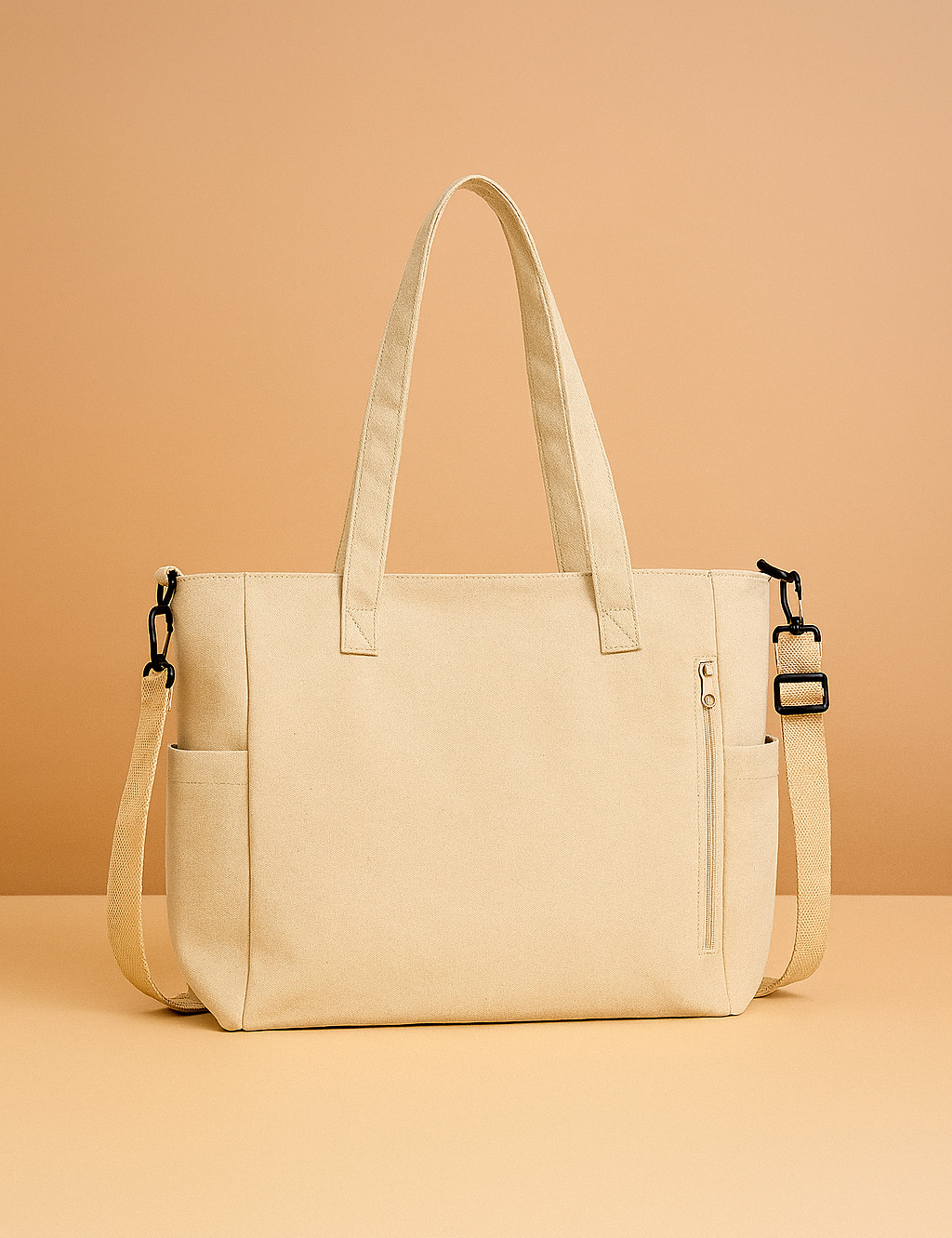 Beige canvas tote bag with dual top handles, side pockets, front zip compartment, and adjustable shoulder strap on a pastel backdrop.