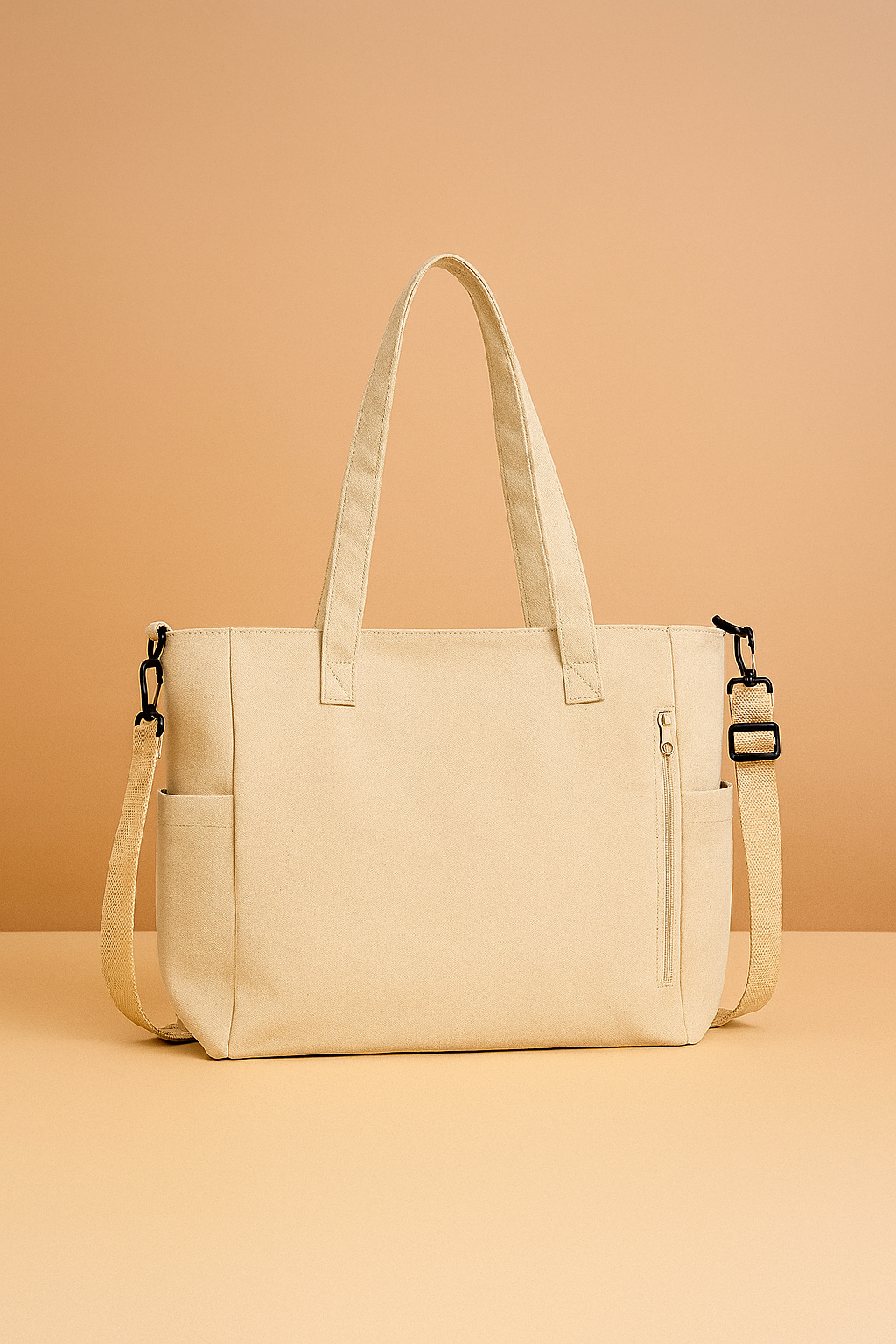 Beige canvas tote bag with dual top handles, side pockets, front zip compartment, and adjustable shoulder strap on a pastel backdrop.