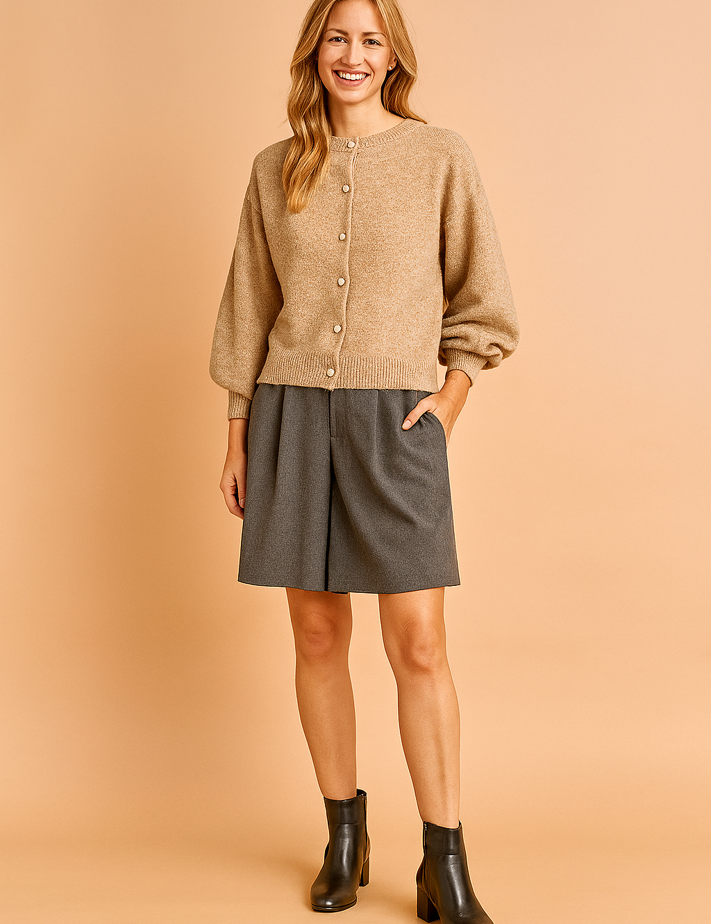 Beige button-up cardigan with long sleeves paired with charcoal gray A-line shorts and black leather ankle boots.