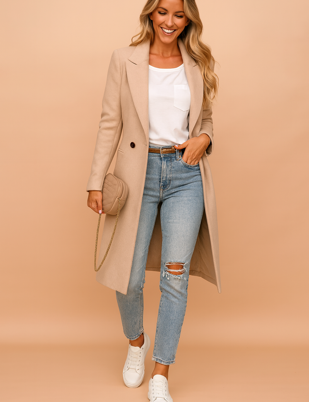 Beige longline wool coat paired with a white pocket t-shirt, light wash ripped skinny jeans, white sneakers, and a quilted beige crossbody bag.