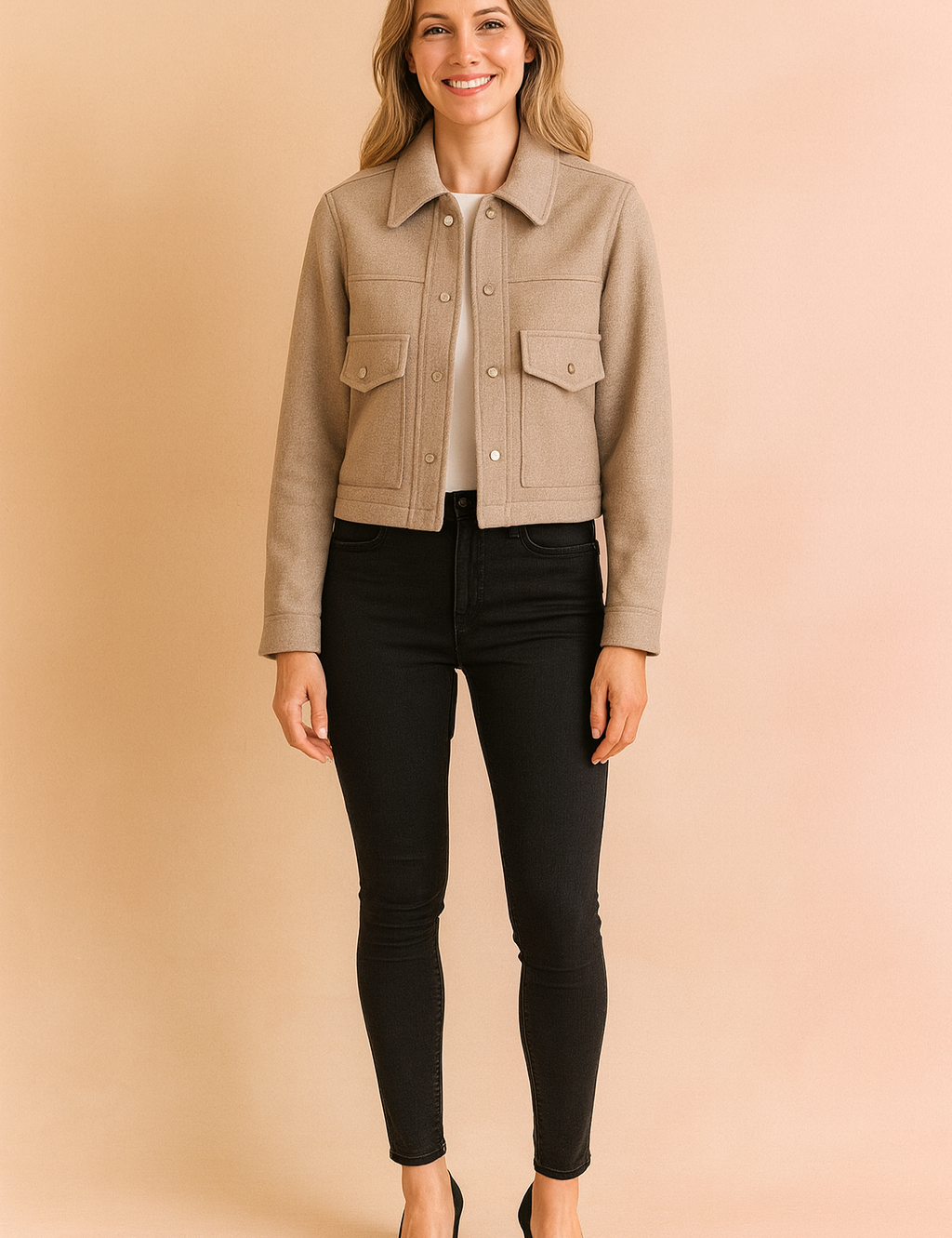 Cropped beige button-up jacket with flap chest pockets and a structured collar, paired with fitted black skinny jeans and black heels for a sleek modern look.
