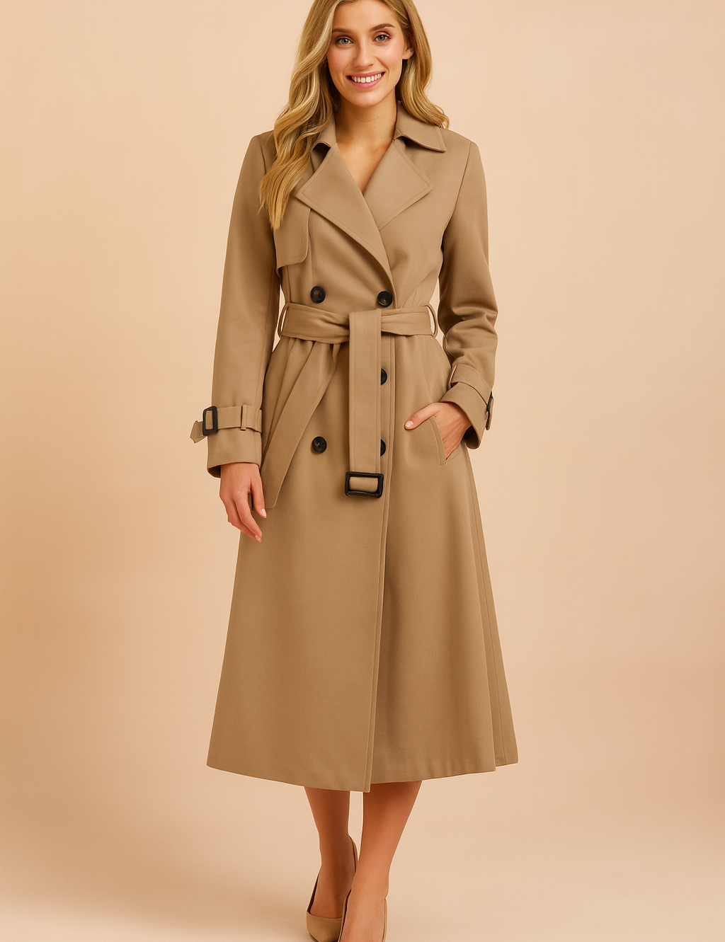 Elegant beige double-breasted trench coat with black buttons, belted waist, and sleeve buckle details, designed for a polished and timeless look.