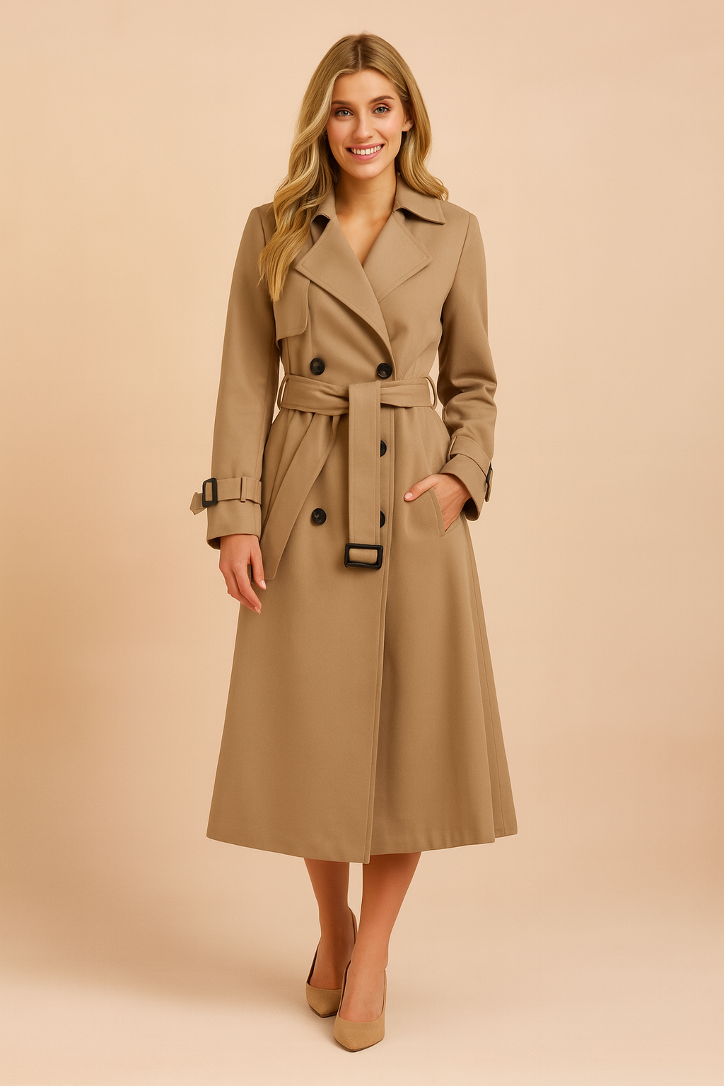 Elegant beige double-breasted trench coat with black buttons, belted waist, and sleeve buckle details, designed for a polished and timeless look.