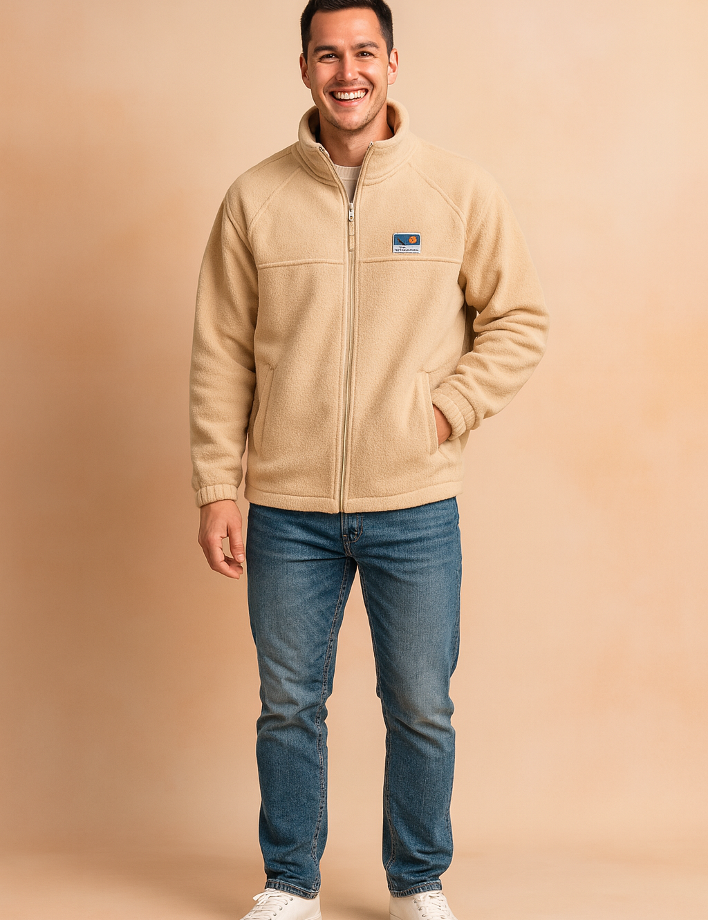 Beige fleece zip-up jacket with elastic cuffs, full-length zipper, side pockets, and a small embroidered logo patch on the chest, maintaining a soft, cozy fabric texture identical to the original.