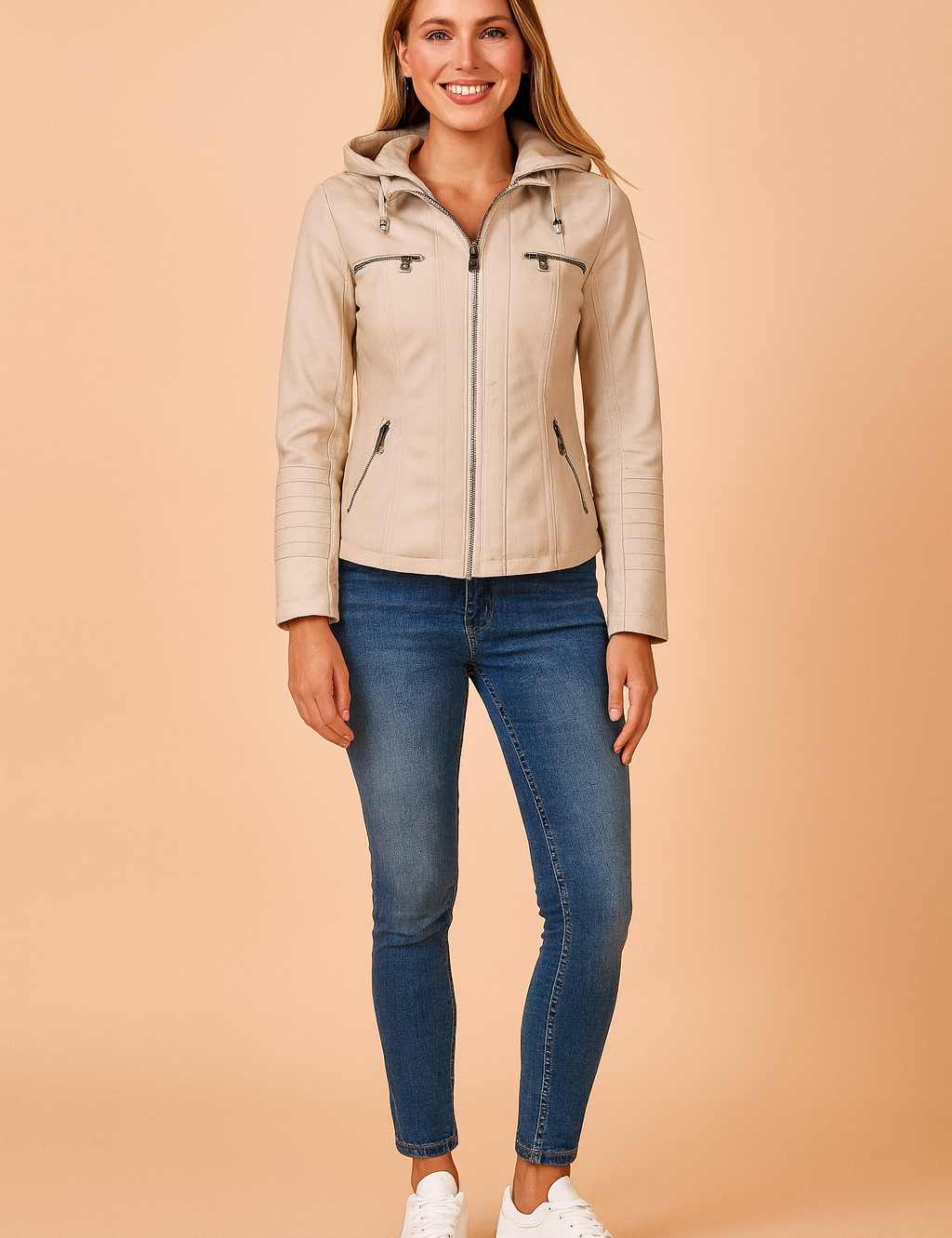 Beige hooded zip-up jacket with multiple front zip pockets, paired with slim blue jeans and white sneakers, styled for a casual modern look.