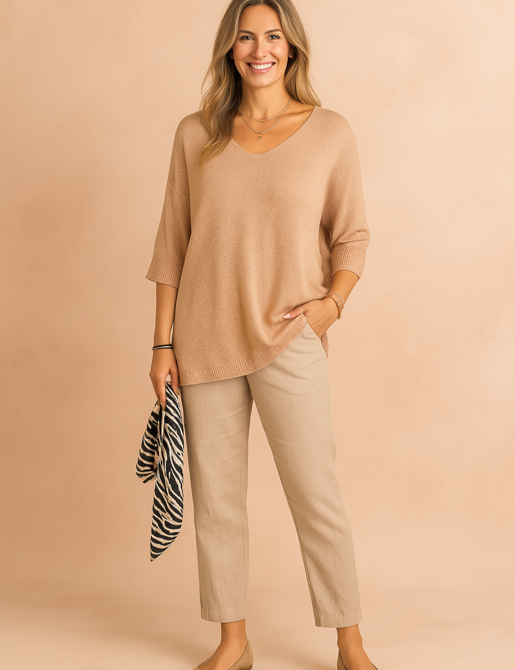 Lightweight loose-fit knit blouse in a soft peach-beige tone, featuring a V-neckline and elbow-length sleeves, styled with casual light beige trousers.