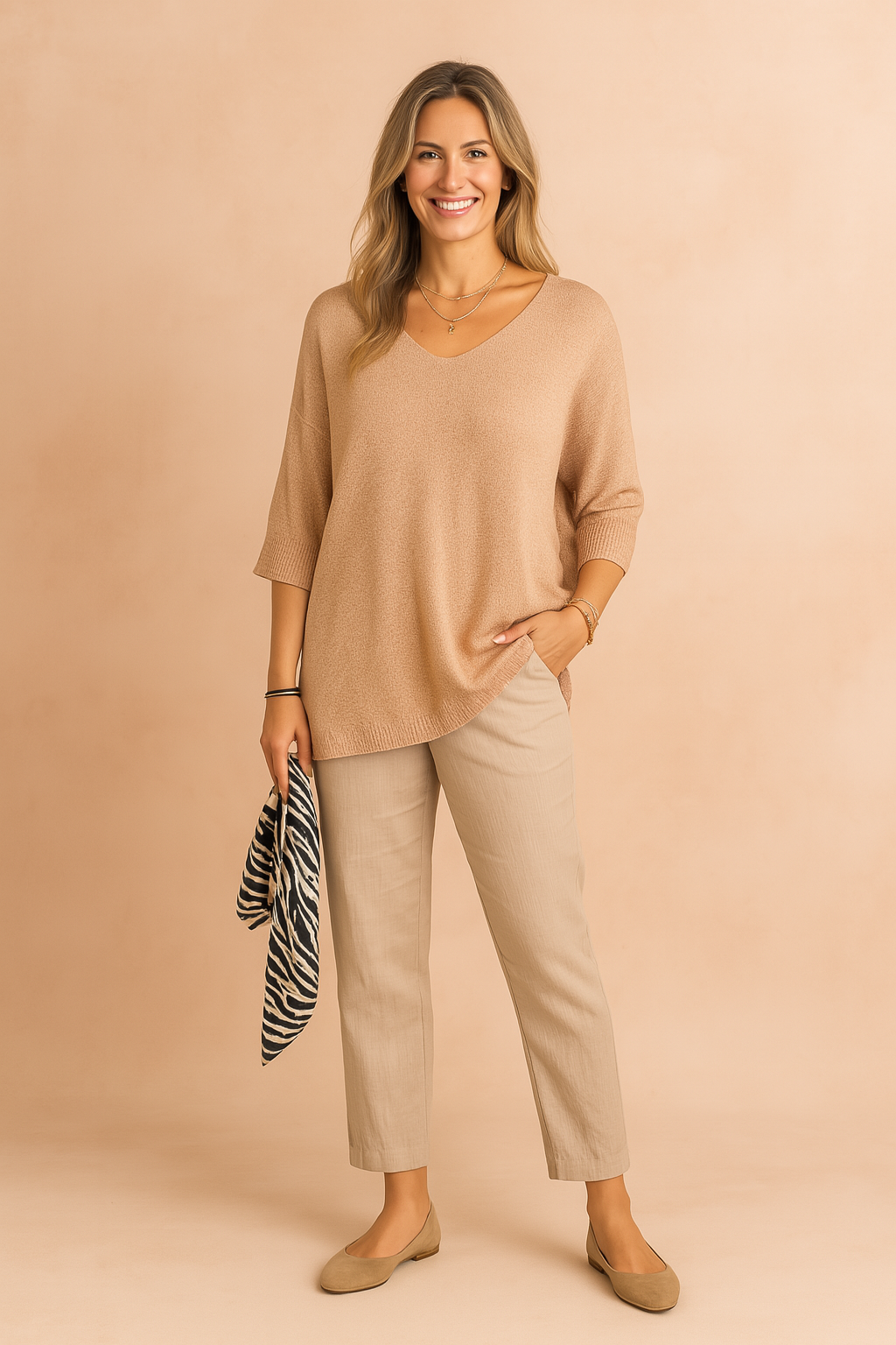 Lightweight loose-fit knit blouse in a soft peach-beige tone, featuring a V-neckline and elbow-length sleeves, styled with casual light beige trousers.