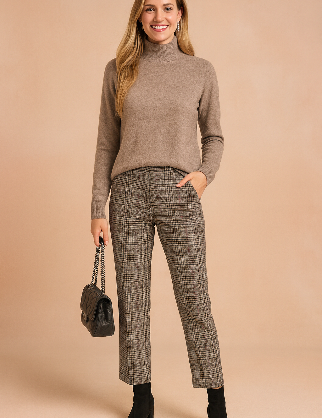 Beige high-neck knit sweater with long sleeves, paired with tailored plaid trousers in grey tones, styled with black ankle boots and a quilted leather handbag.