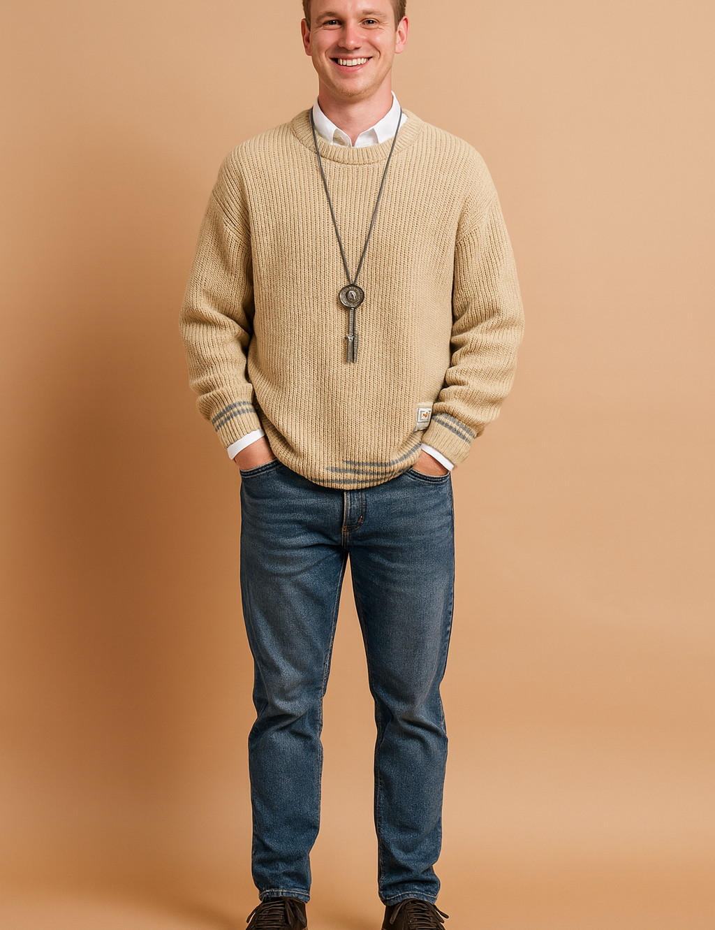 Beige knit sweater with ribbed texture and subtle grey hem accents, paired with a white collared shirt for a modern layered look. Features a casual longline fit with front patch detail and stylish pendant necklace.
