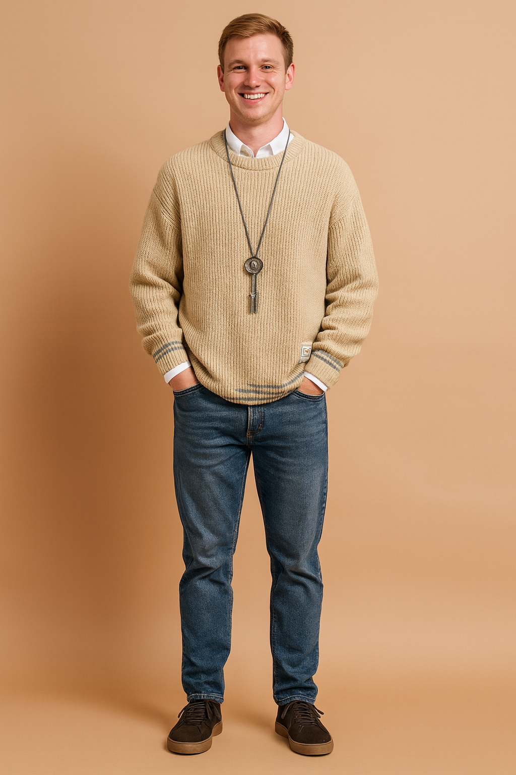 Beige knit sweater with ribbed texture and subtle grey hem accents, paired with a white collared shirt for a modern layered look. Features a casual longline fit with front patch detail and stylish pendant necklace.