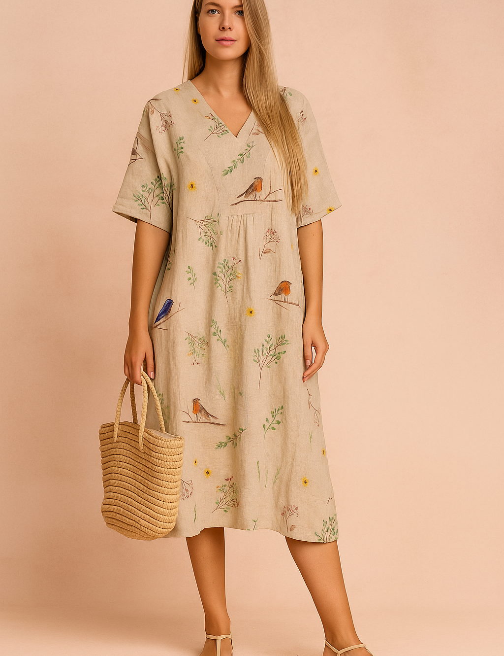 Beige linen midi dress with V-neckline and short sleeves, featuring a whimsical bird and floral print design — perfect for effortless summer style, nature-inspired fashion, and sustainable wardrobe choices.
