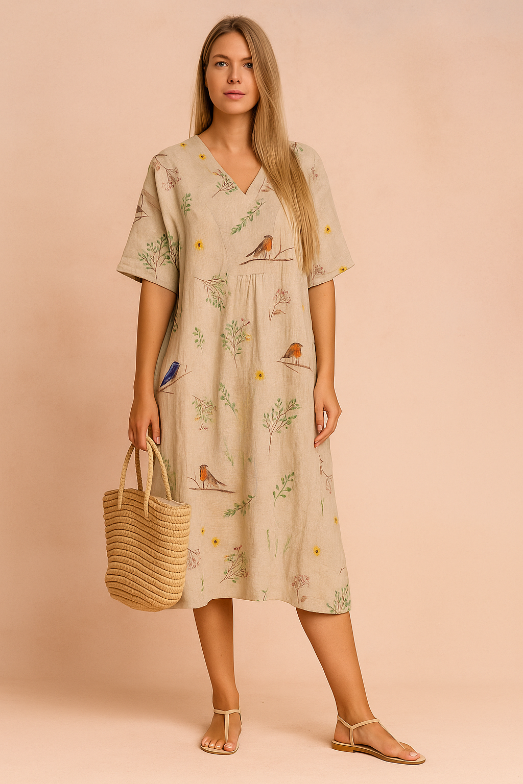 Beige linen midi dress with V-neckline and short sleeves, featuring a whimsical bird and floral print design — perfect for effortless summer style, nature-inspired fashion, and sustainable wardrobe choices.