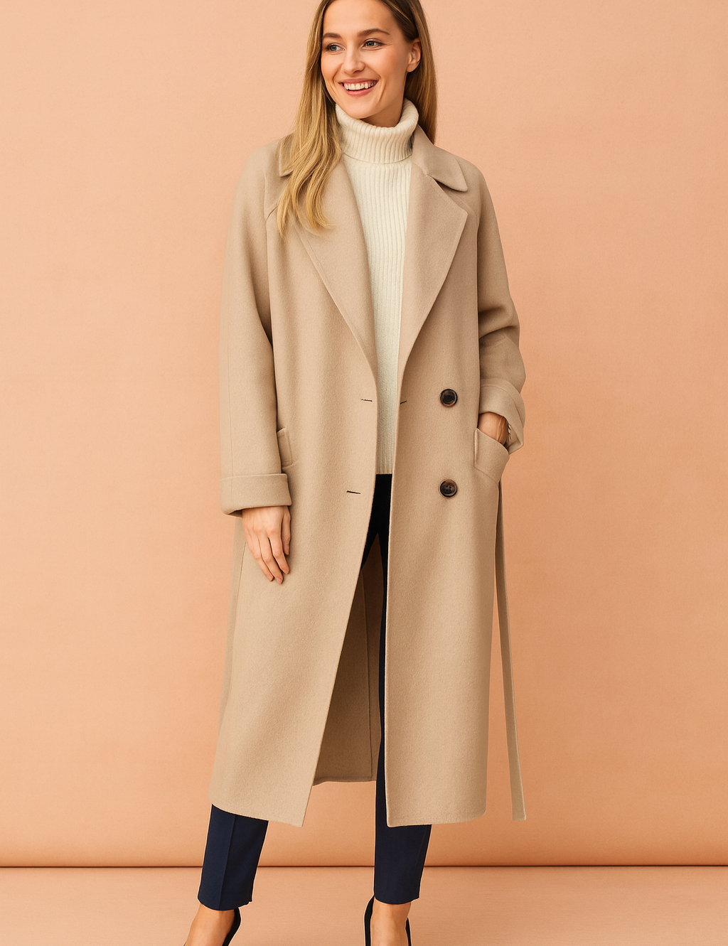 Beige long wool overcoat with a double-breasted button closure, wide lapel collar, side pockets, and a straight tailored cut, styled over a ribbed white turtleneck sweater and paired with navy slim-fit trousers and black pointed-toe heels.