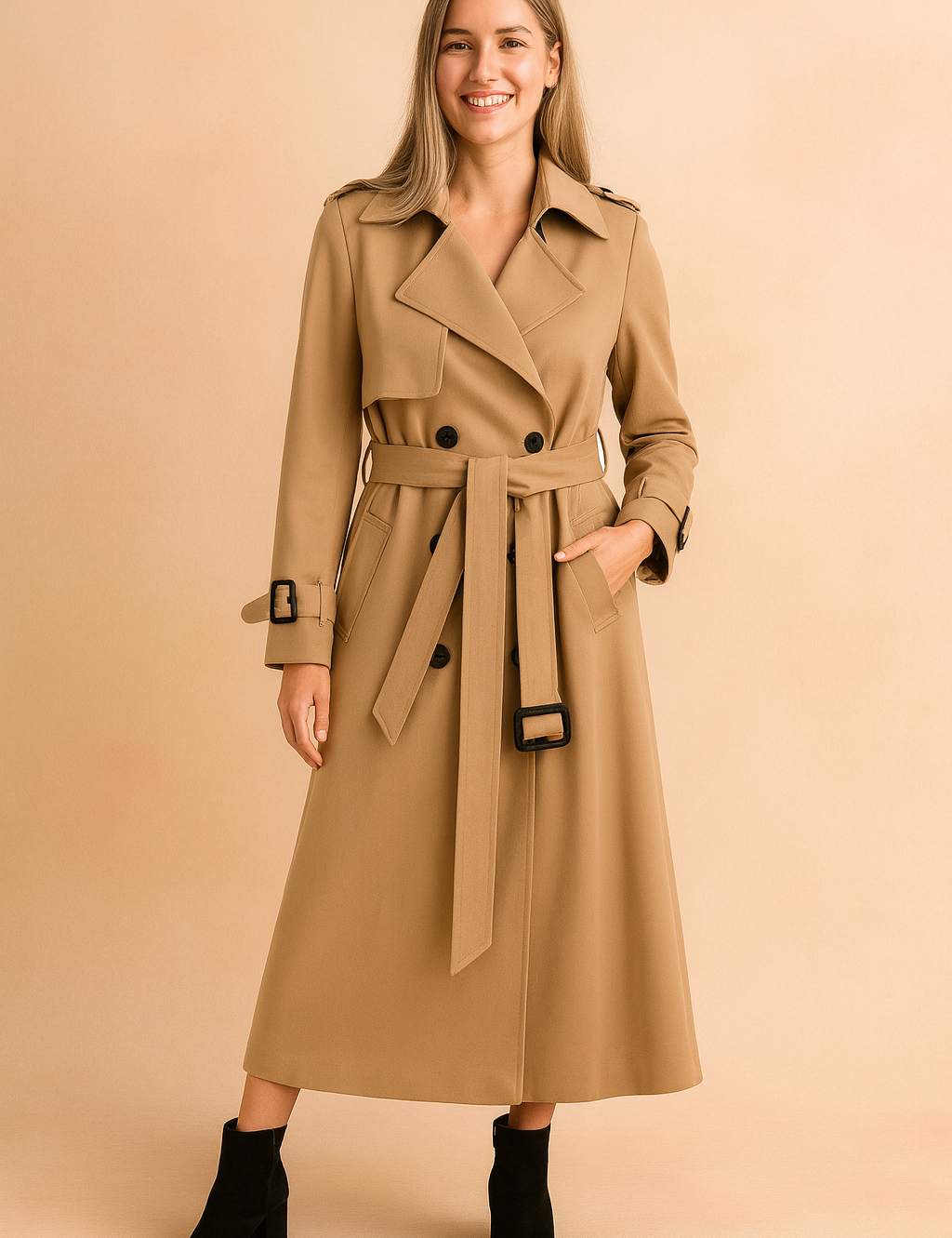 Beige long trench coat with belted waist, epaulets, wide lapels, and button closure, styled with black suede ankle boots.