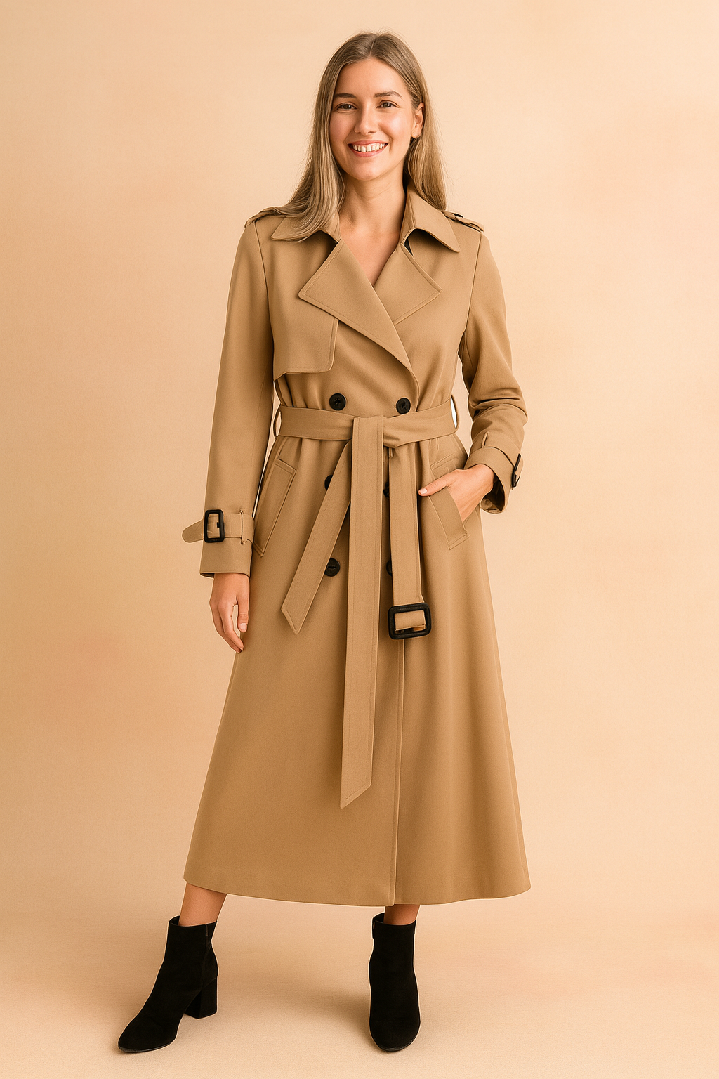 Beige long trench coat with belted waist, epaulets, wide lapels, and button closure, styled with black suede ankle boots.