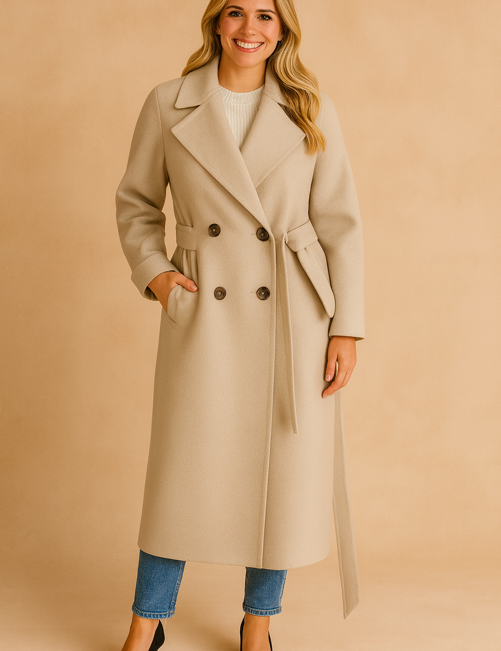 Elegant beige longline double-breasted coat with wide lapel collar, relaxed tailored fit, side pockets, and matching belt detail, styled over a ribbed knit top for a modern minimalist look