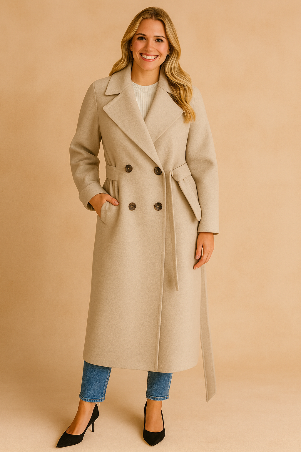 Elegant beige longline double-breasted coat with wide lapel collar, relaxed tailored fit, side pockets, and matching belt detail, styled over a ribbed knit top for a modern minimalist look